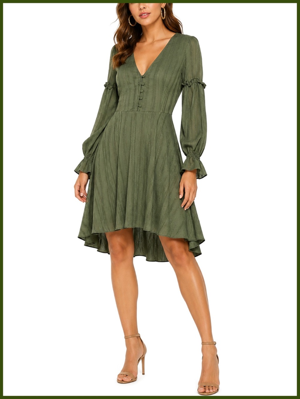 BCBGMaxAzria Olive Green Striped High Low Jacquard Dress